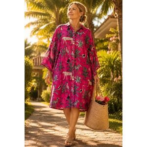 Gypsie Blu XL Pink Safari Animal Print Kaftan Dress Zebra Leopard Tropical